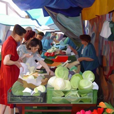 A market stall, shoppers and stallholder, with the stall loaded with fresh fruit and vegetables.